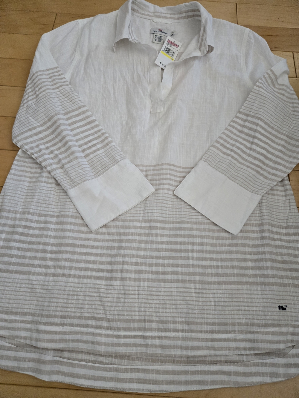 Vineyard Vines White Linen Buttonless Shirt with Tan Stripes - Picture 4 of 7